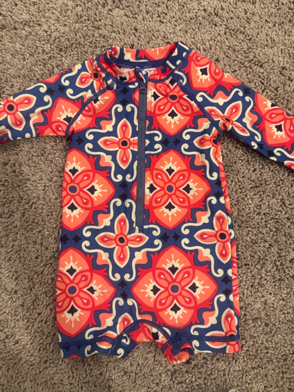 Girls' Floral Zip Front Rash Guard Swimsuit - Navy & Coral